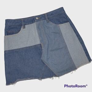 Lulus Mini Skirt Womens‎ Size Medium (6/8) Blue Jean Patchwork Denim Frayed Hem